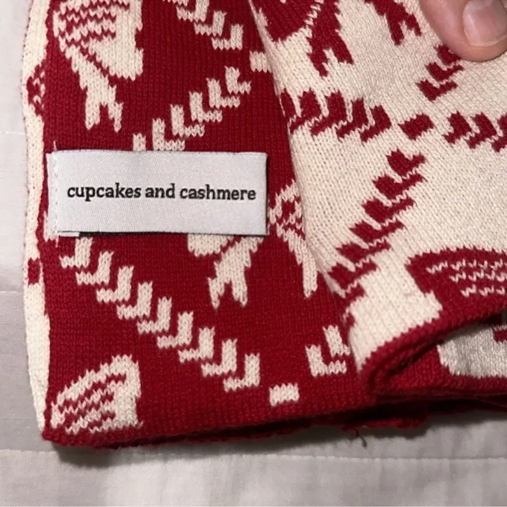 cupcakes & cashmere 3 Tea Towels Ivory Tan Red Christmas Bow Tie Cotton Knit